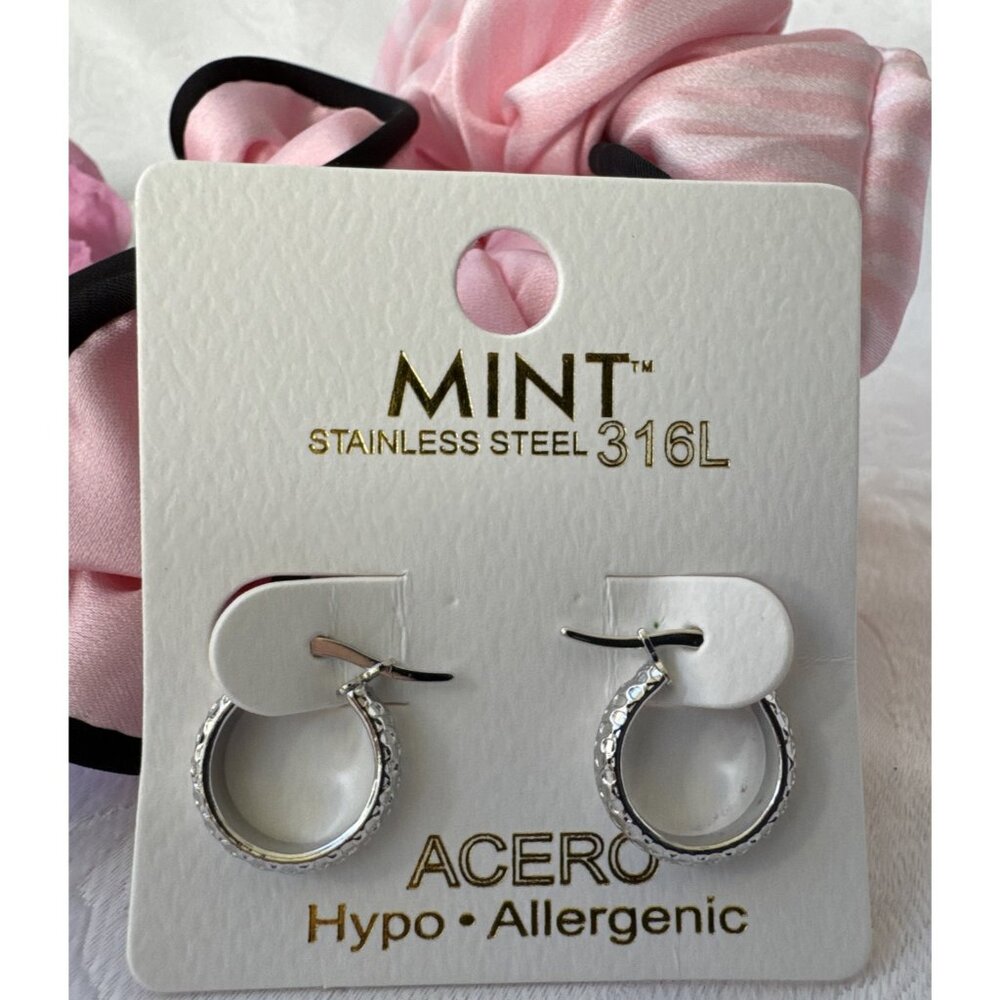 Mint Stainless Steel 316L Acero Hoop Earrings Hypo Allergenic Silver 10MM NEW - Picture 5 of 8